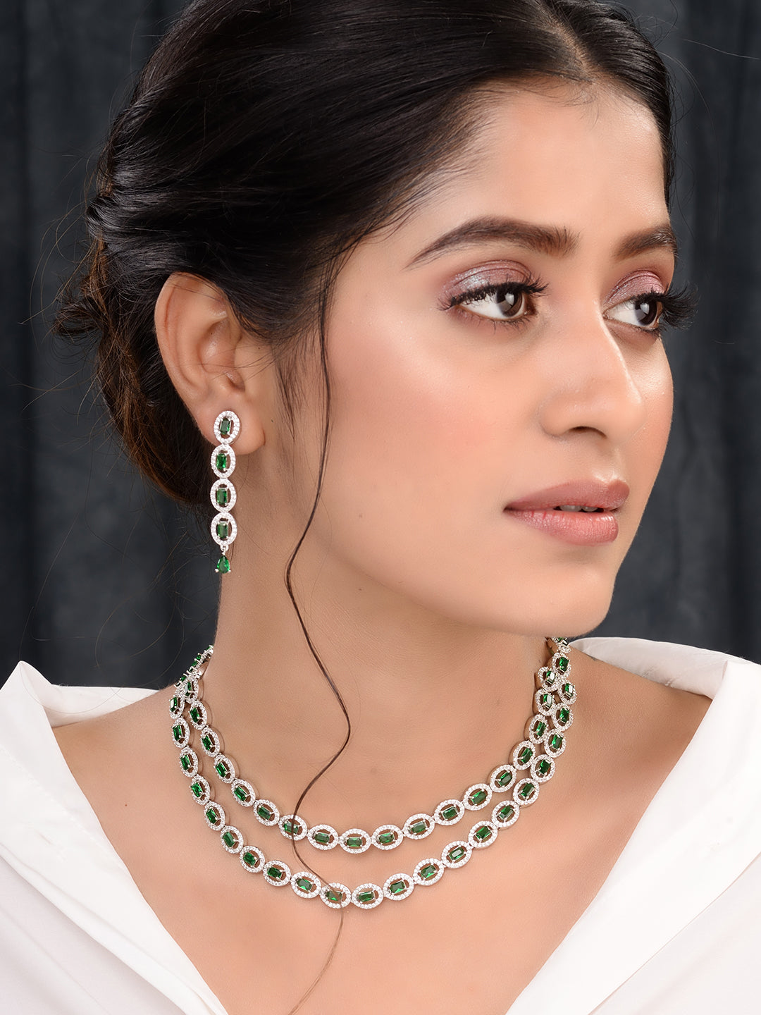 White Rhodium Plated Green AD studded Necklace Earrings Jewellery Set, zaveri pearls, sale price rs, sale price, sale gold plated, sale gold, sale, rubans, ring, regular price, priyassi jewel